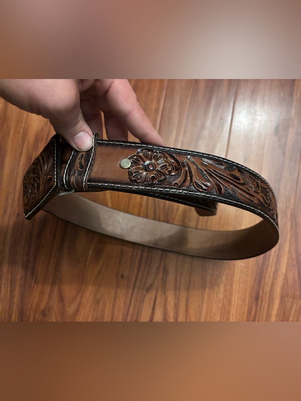 Frye Tan Tooled Leather Belt with Embossed Logo